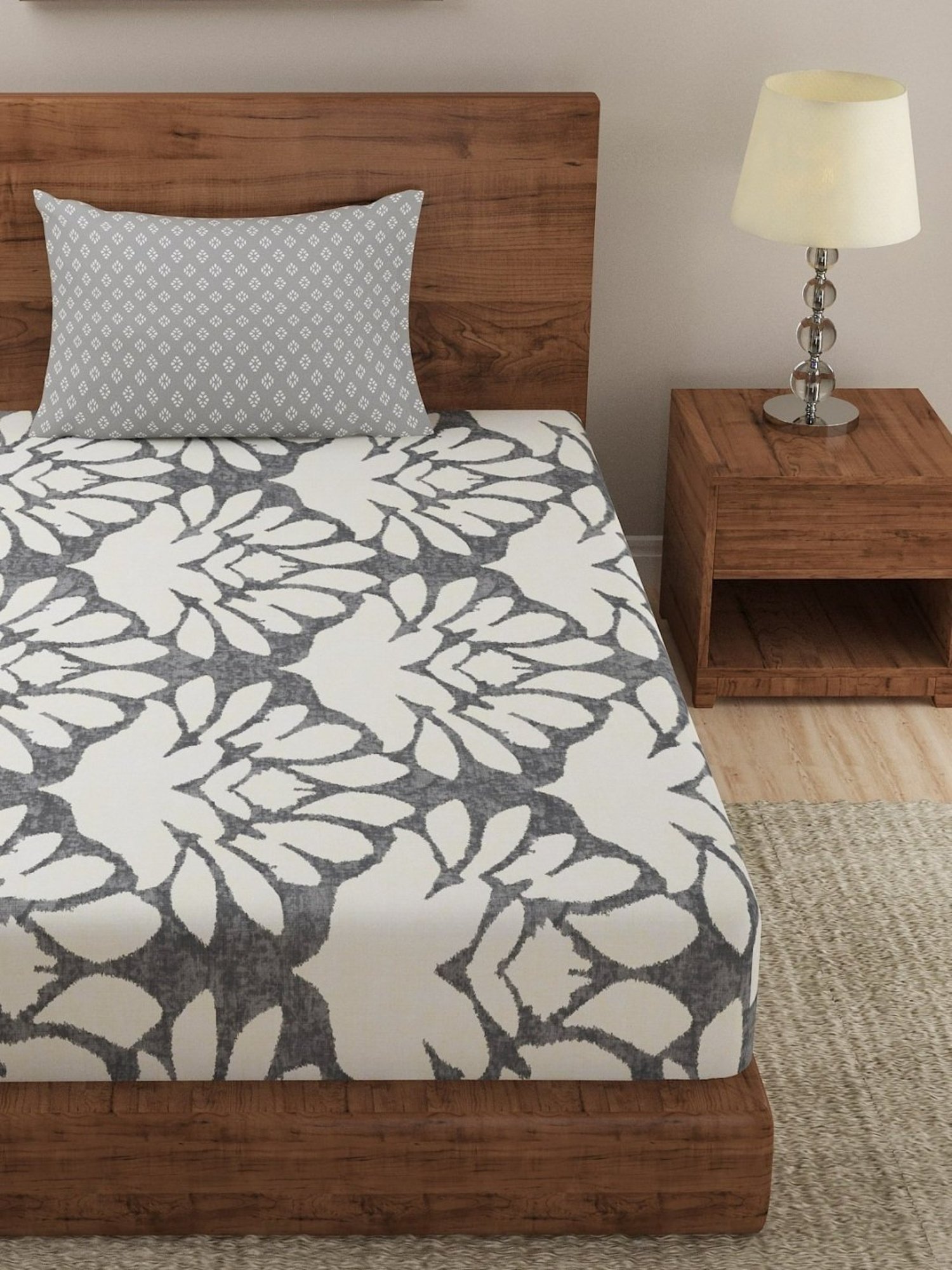 Dreamscape Floral Grey 140 TC Cotton Single Bedsheet with Pillow Cover