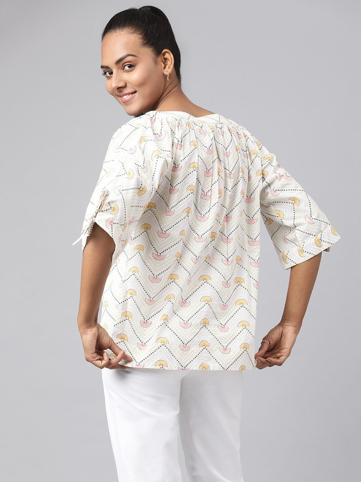 Fabindia White Cotton Printed Top