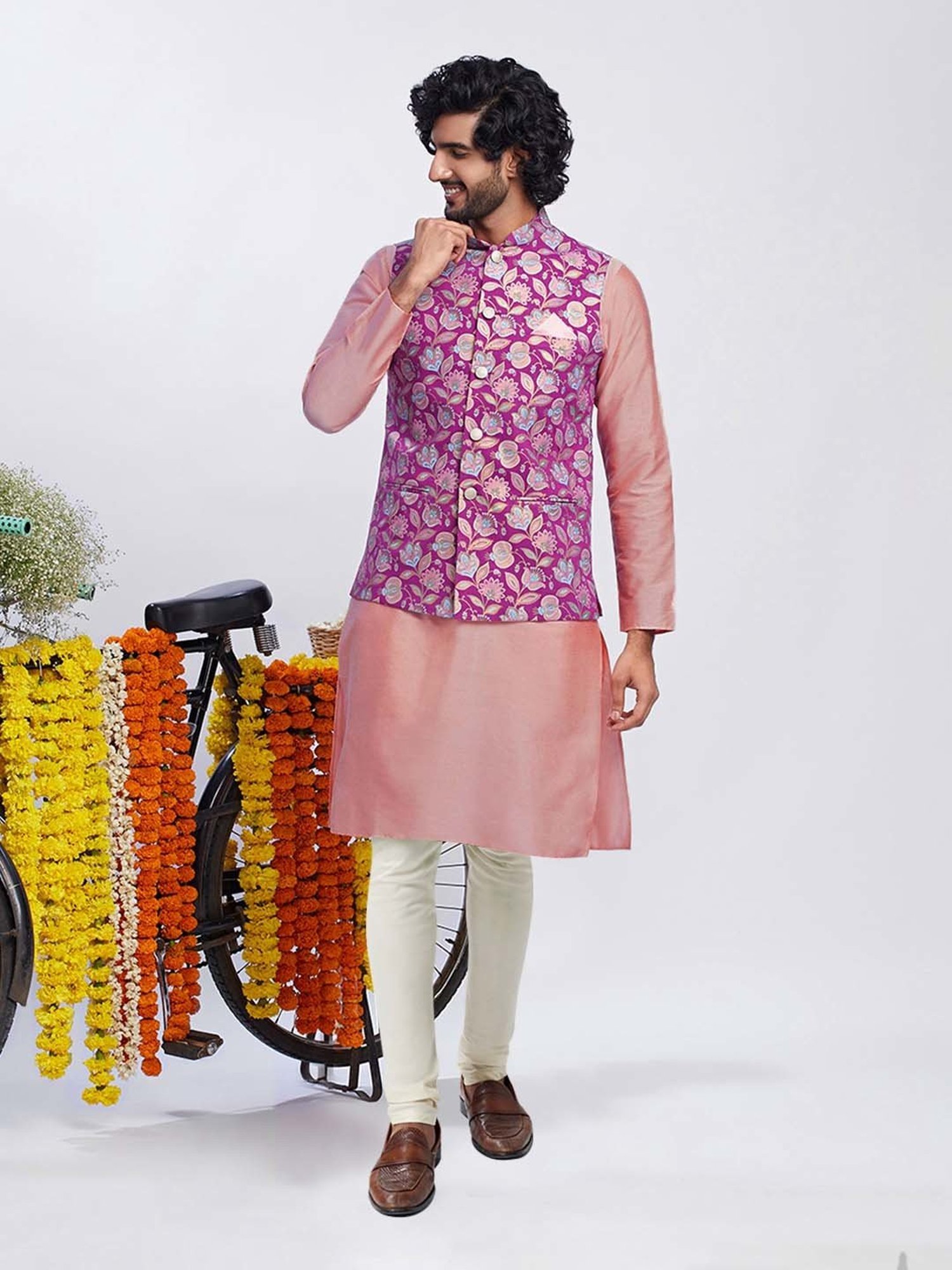 KISAH Dark Pink & Cream Regular Fit Floral Print Kurta & Churidar With Nehru Jacket