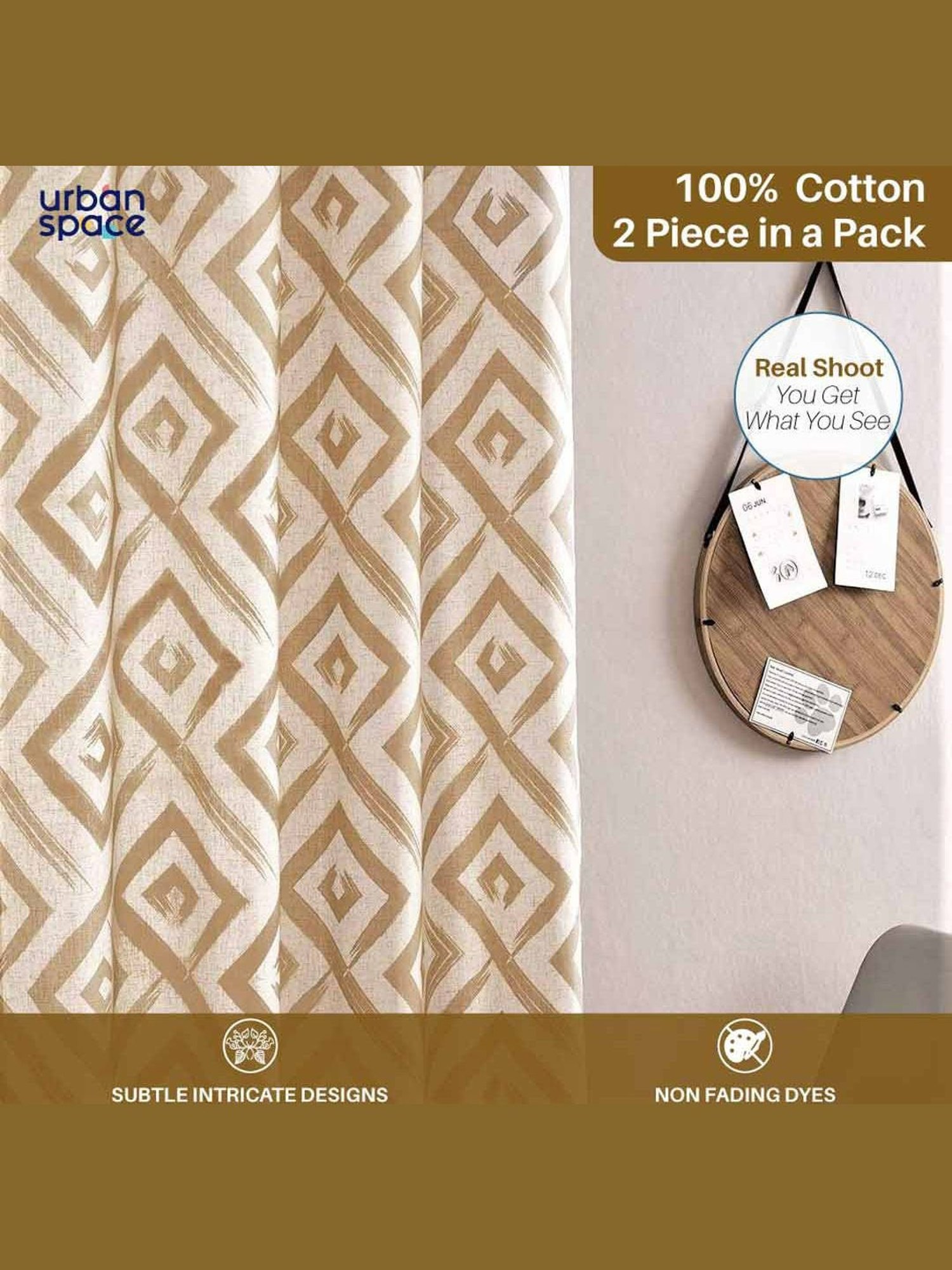 Urban Space Geometric Beige Cotton 5 ft Window Curtains - Set of 2