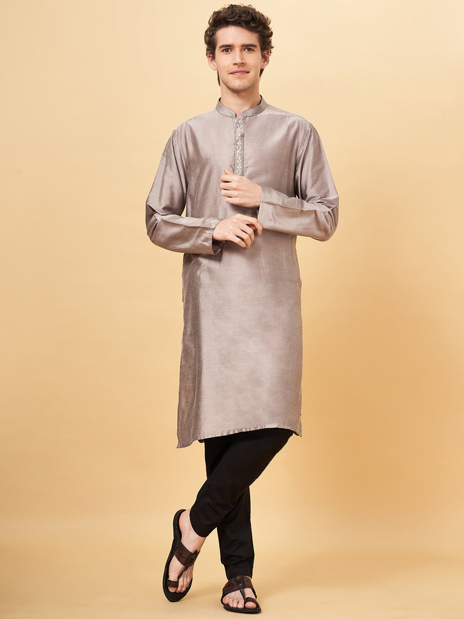 Indus Route by Pantaloons Taupe Regular Fit Kurta
