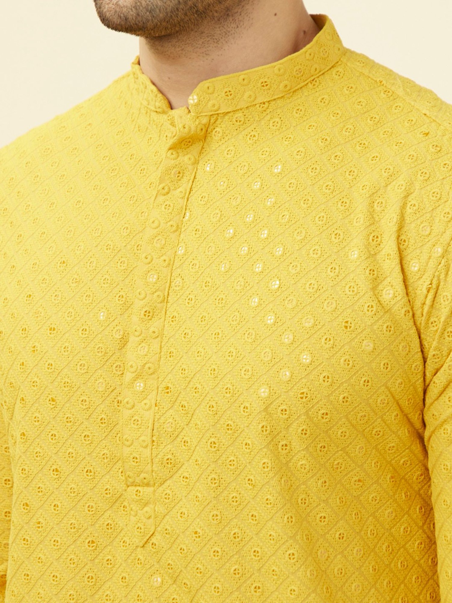 Manyavar Mustard & Cream Regular Fit Embroidered Kurta & Pyjamas Set