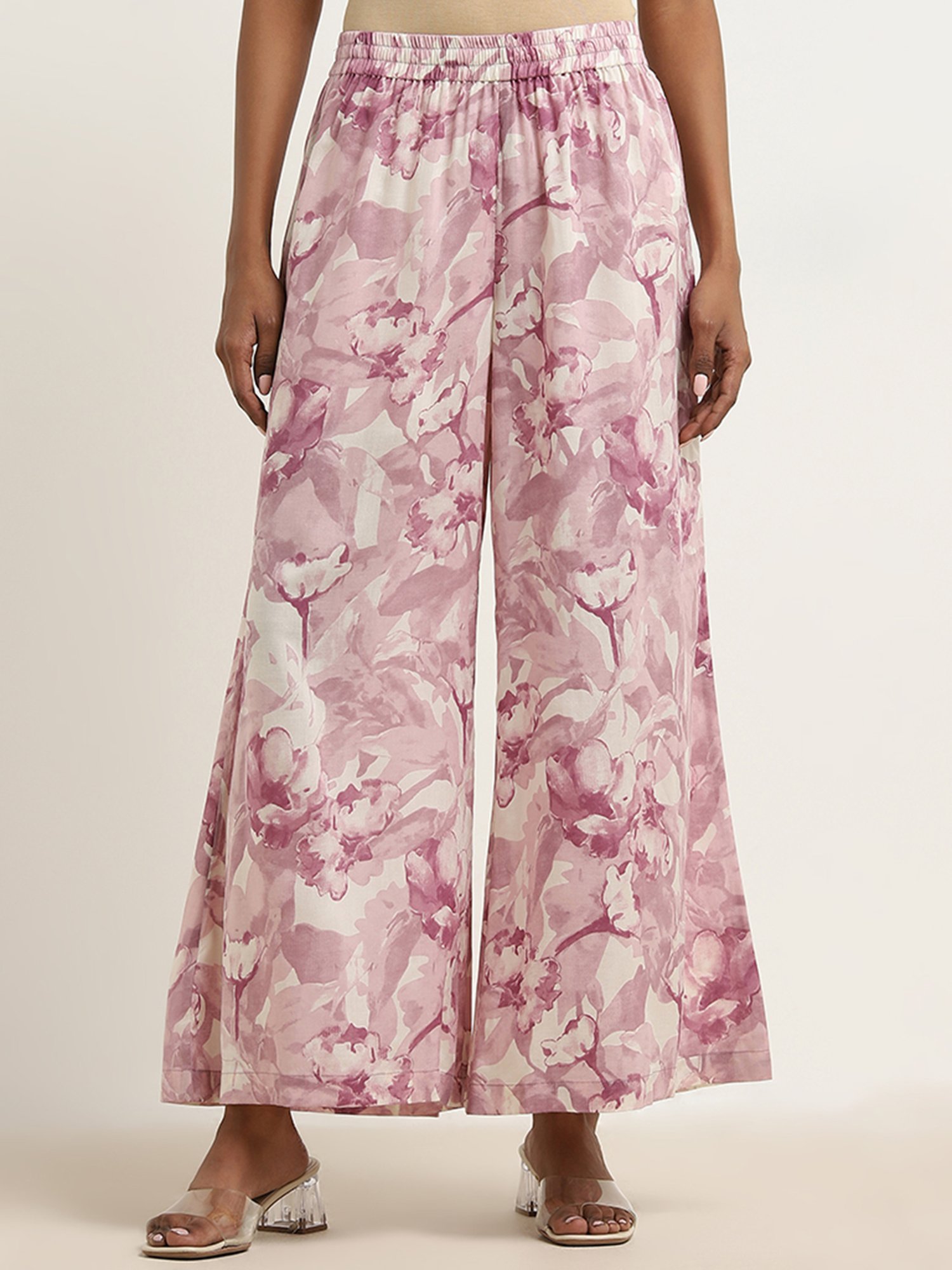 Zuba by Westside Mauve Floral Design High-Rise Palazzos