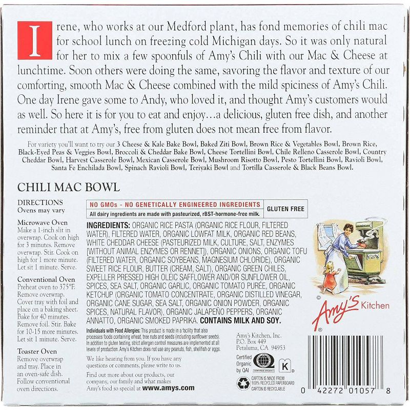 Amy's Gluten Free Frozen Chili Mac Bowl - 9oz