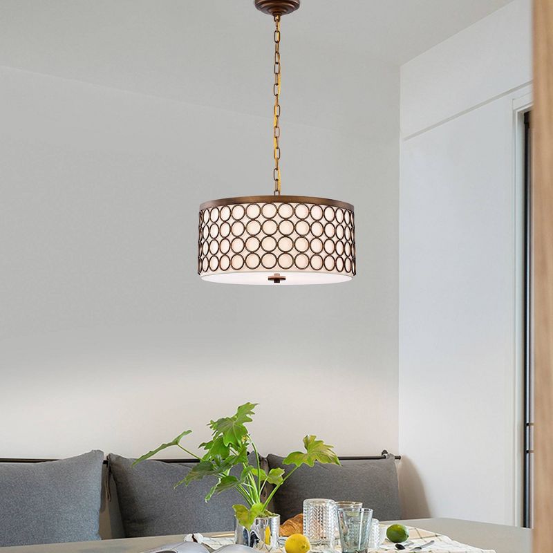 18" x 18" x 44" Tessa Drum Chandelier with Geometric Patterned Metal Frame Brown - Warehouse Of Tiffany