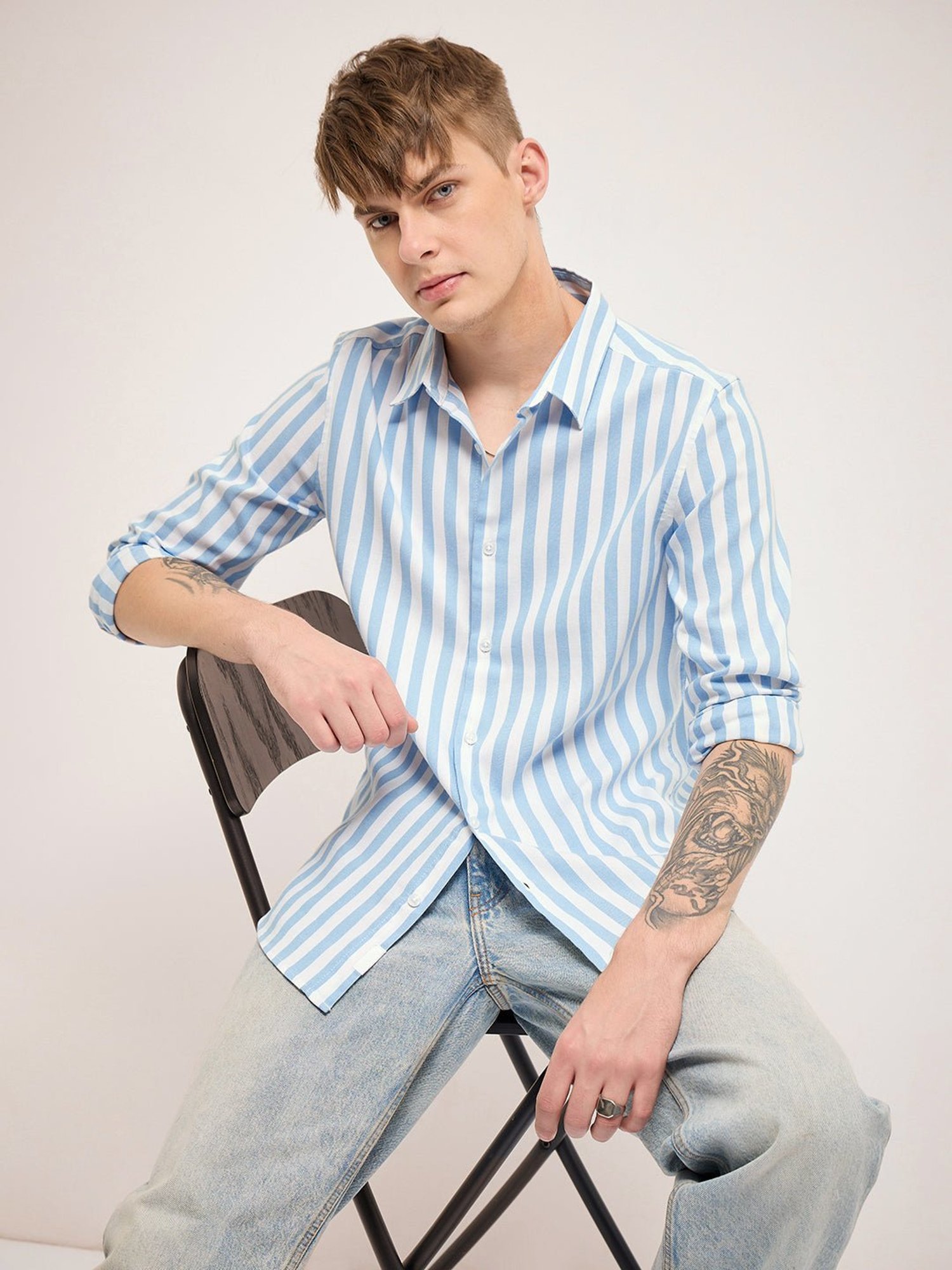 Kuons Avenue Cobalt Blue Slim Fit Denim Shirt