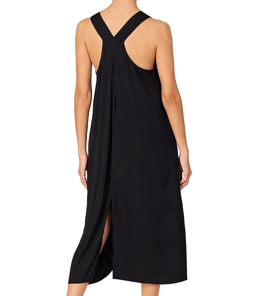 Donna Karan Sleepwear Solid Woven Pleated V Neck Long Chemise With Pockets