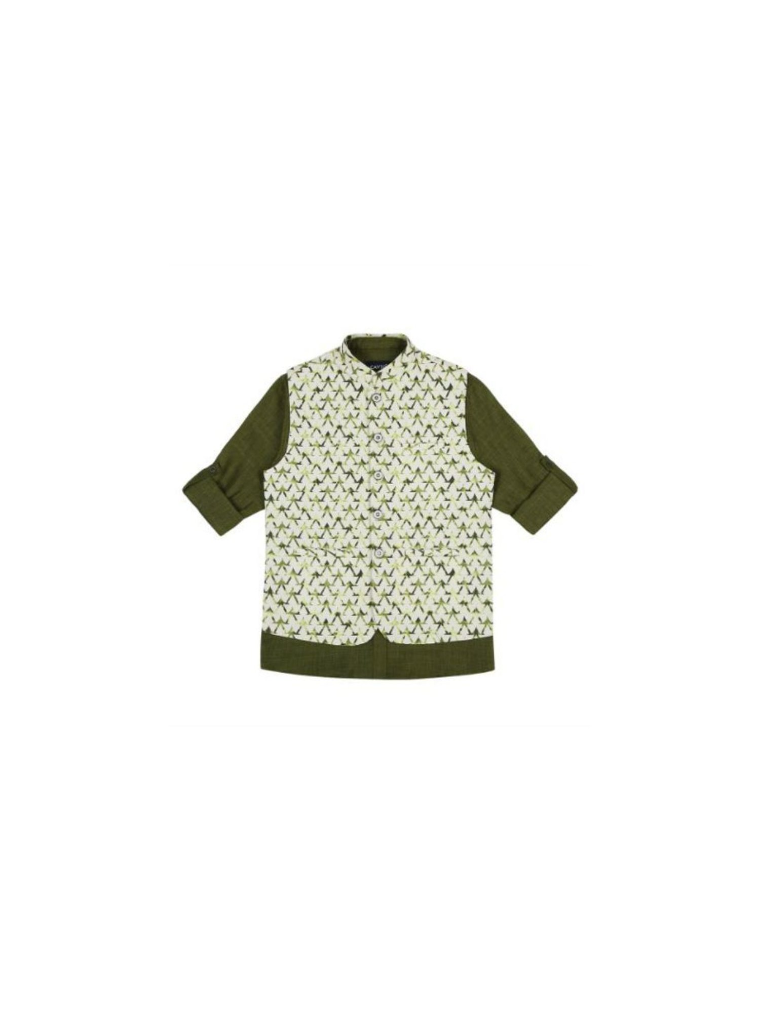 Cavio Kids Olive & Cream Printed Kurta with Nehru Jacket
