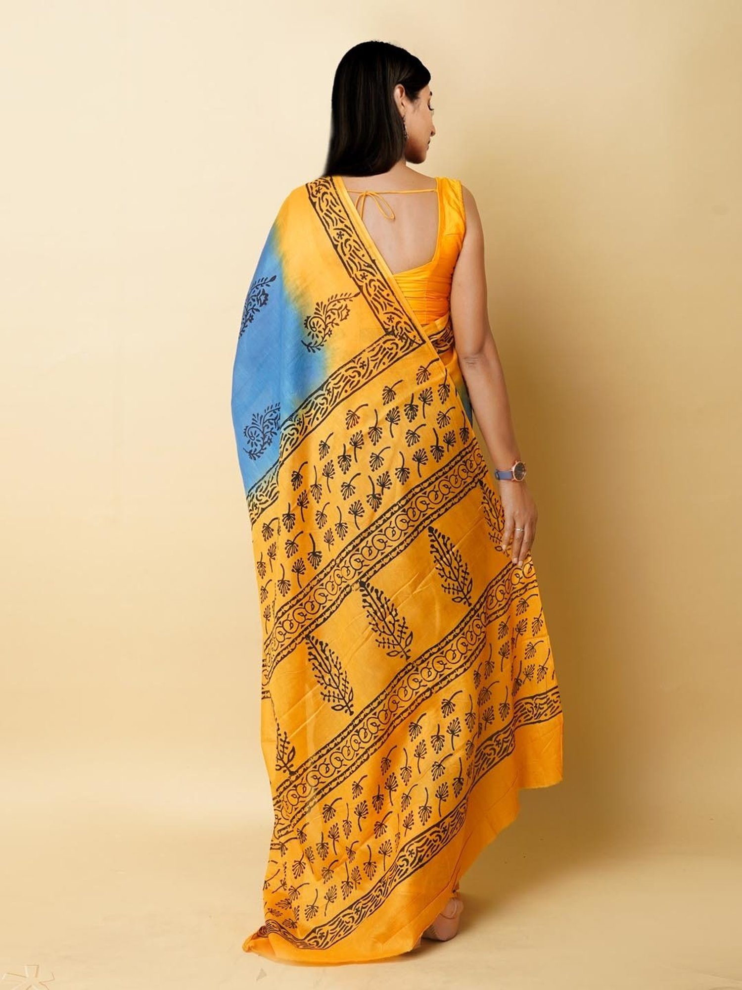 Unnati Silks Blue & Mustard Cotton Printed Saree With Unstitched Blouse