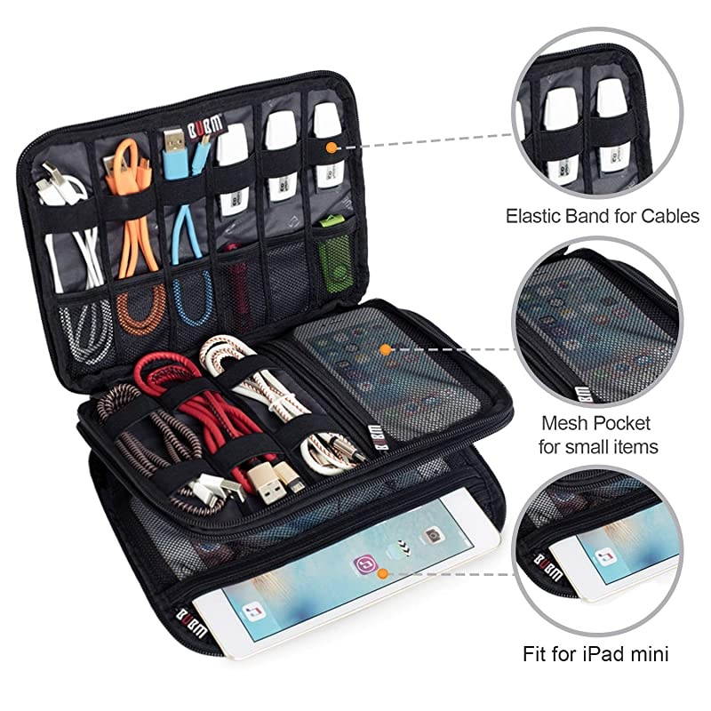 Double Layer Electronic Accessories Organizer, Travel Gadget Bag for Cables, USB Flash Drive, Plug and More, Perfect Size Fits for iPad Mini (Medium, Black)