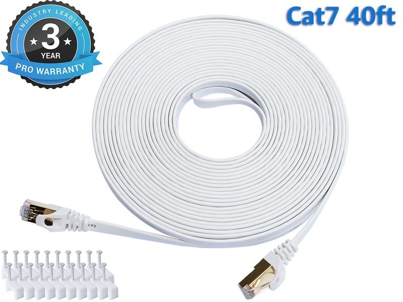 Cat 7 Ethernet Cable 100 ft LAN Cable Internet Network Cord for PS4, Xbox, Router, Modem, Gaming, White Flat Shielded 10 Gigabit RJ45 High Speed Computer Patch Wire.