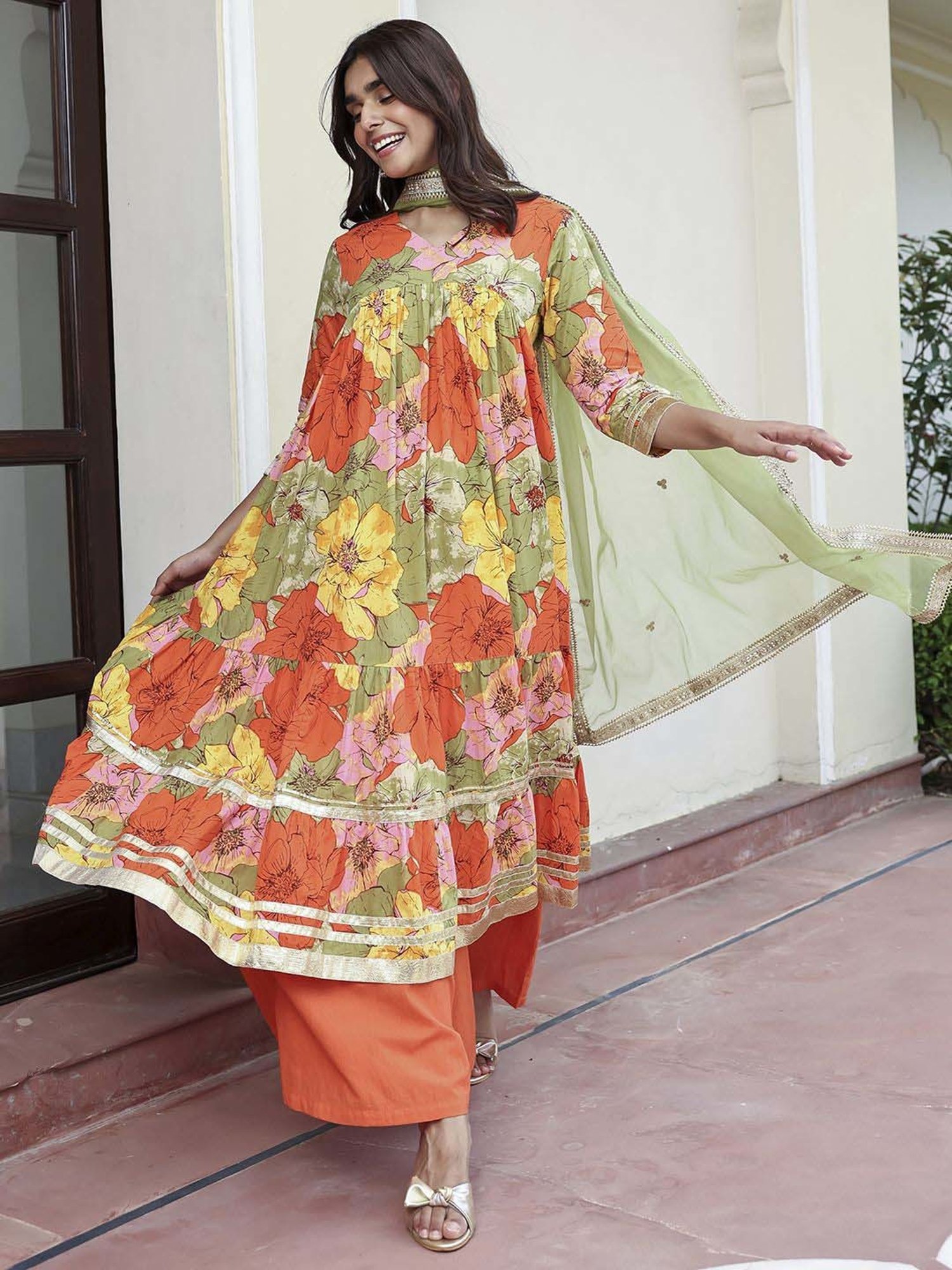 Janasya Multicolored Cotton Floral Print Kurta & Palazzo Set With Dupatta