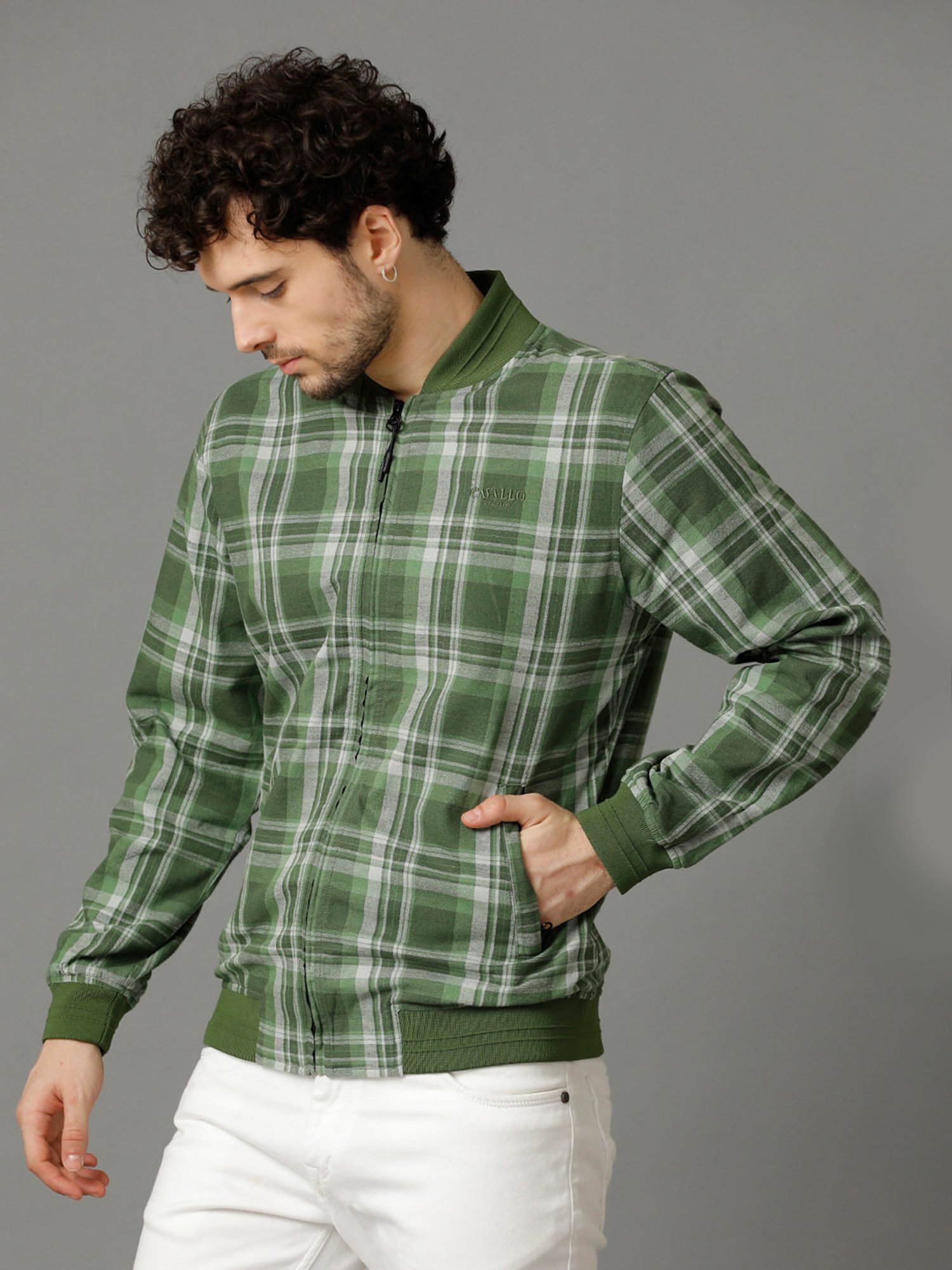 CAVALLO by Linen Club Green Regular Fit Check Cotton Linen Bomber Jacket