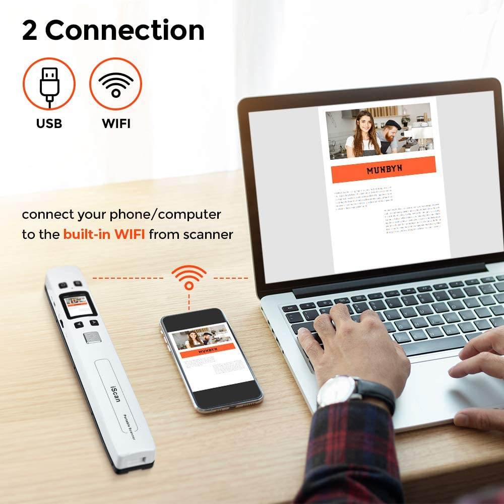 Handheld Wand Portable Scanners for Document, Receipts, Old Pictures Built-in WiFi, 1050/600/300 DPI Resolution, Scan A4 Color Page in 3sec, Photo Scanner for Laptop, Mac, iOS, Android, Windows