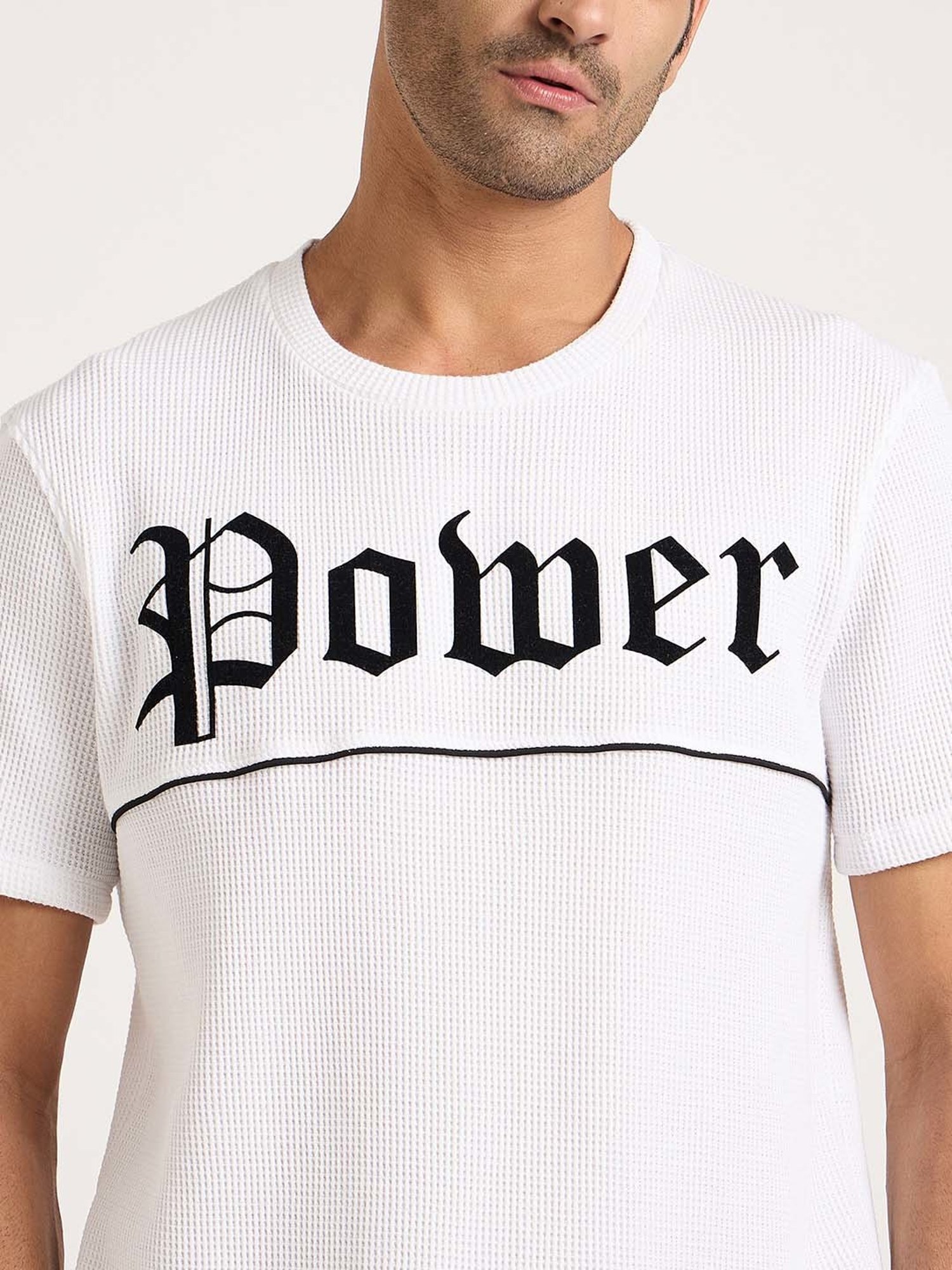 EDRIO White Regular Fit Textured Crew T-Shirt