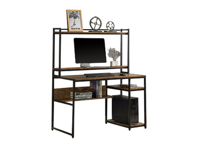 Home Office Game Table Computer Desk with 2-Tier Bookshelf and Open Storage Shelf Equipped with Removable Monitor Riser,Brown,GT55