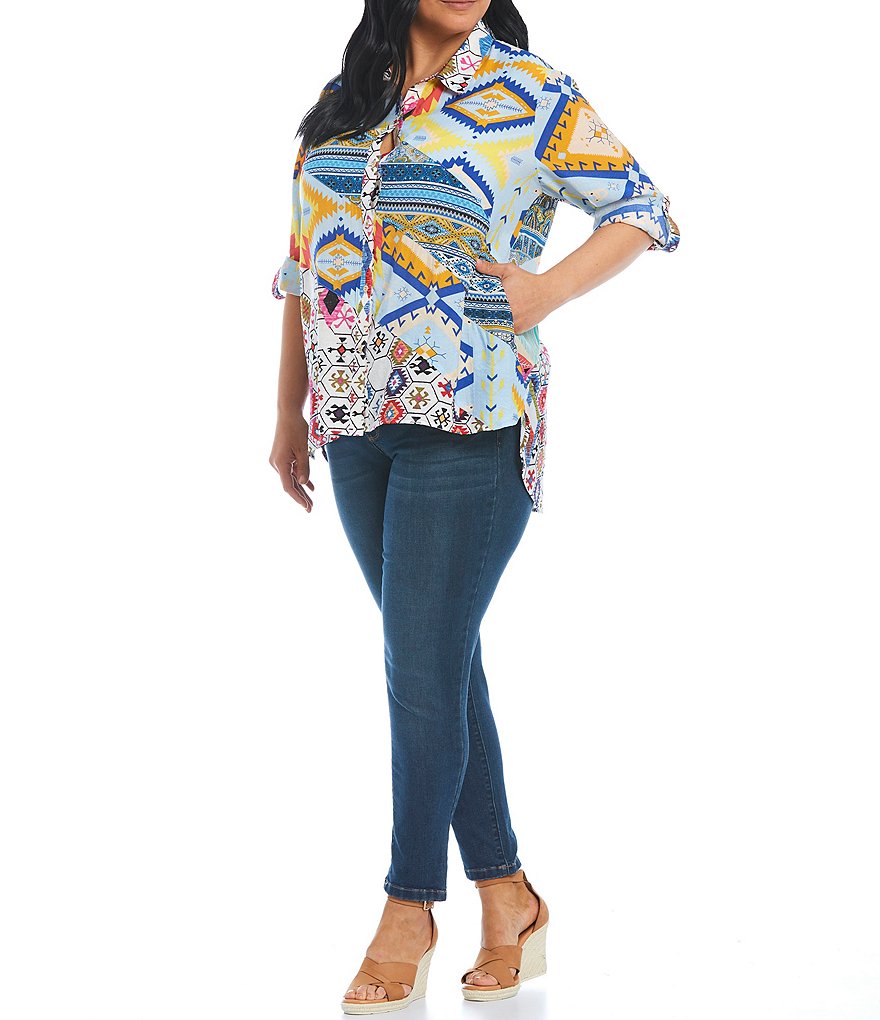 Calessa Plus Size Patchwork Abstract Tile Print Point Collar Neck Roll-Tab Long Sleeve Tunic
