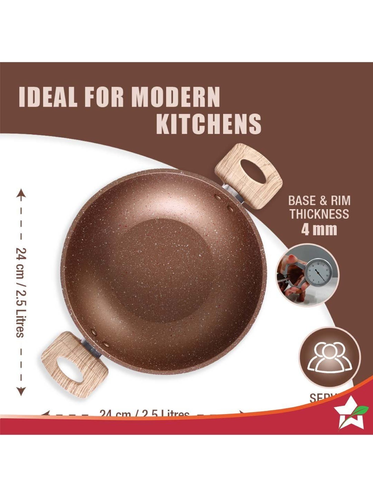 Wonderchef Duralife Brown Aluminium 24 cm Kadhai With Lid