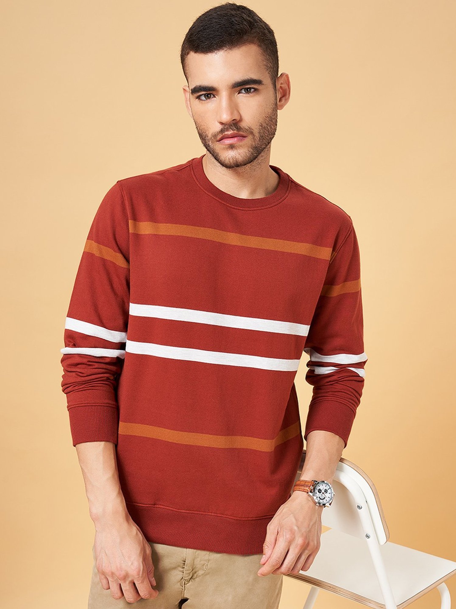 Urban Ranger by Pantaloons Mid Rust Regular Fit Striped Sweatshirt