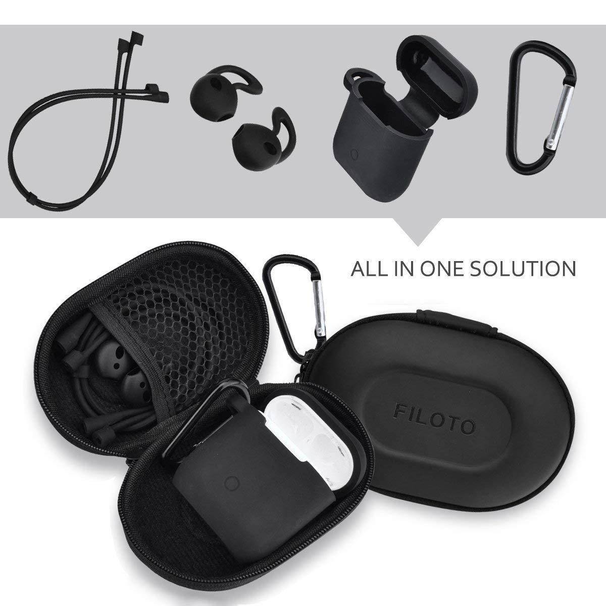 Airpods Accessories Set, Filoto Airpods Waterproof Silicone Case Cover with Keychain/Strap/Earhooks/Accessories Storage Travel Box for Apple Airpod (Black)