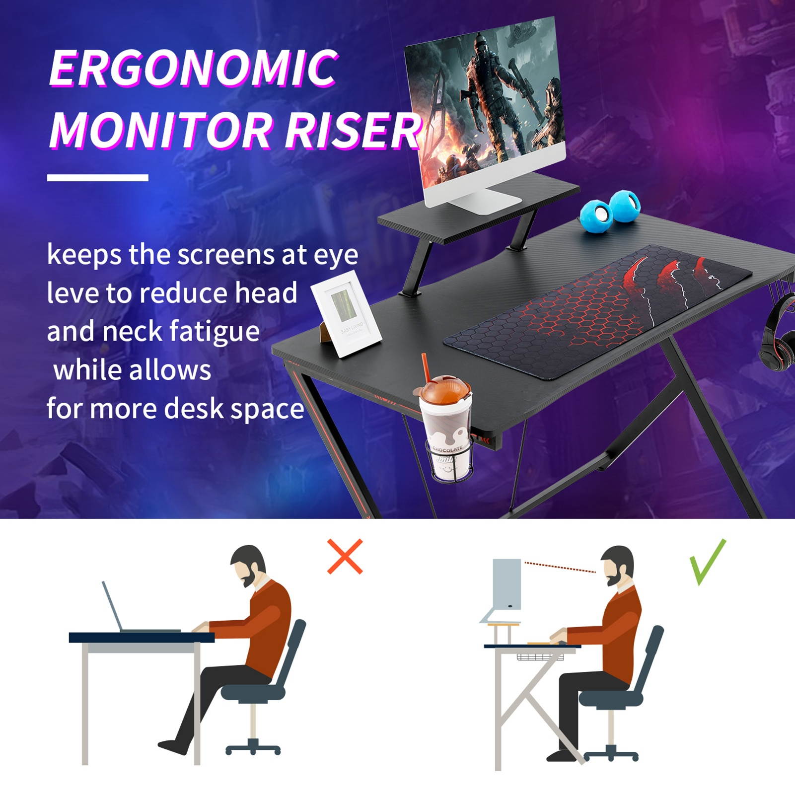 Gome Gaming Computer Desk for Home Office - 47" Large PC Writing Desk for Small Space, Modern Wood Desk with Monitor Stand, Ergonomic Study Work Desk Black