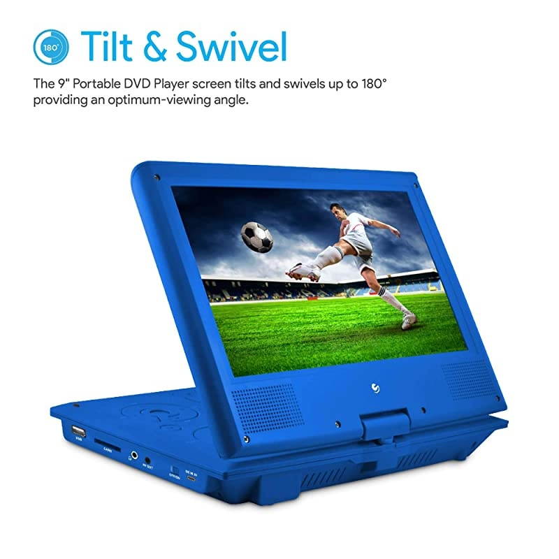 Portable DVD Player with 9-inch LCD Swivel Screen, Travel Bag and Headphones, Blue