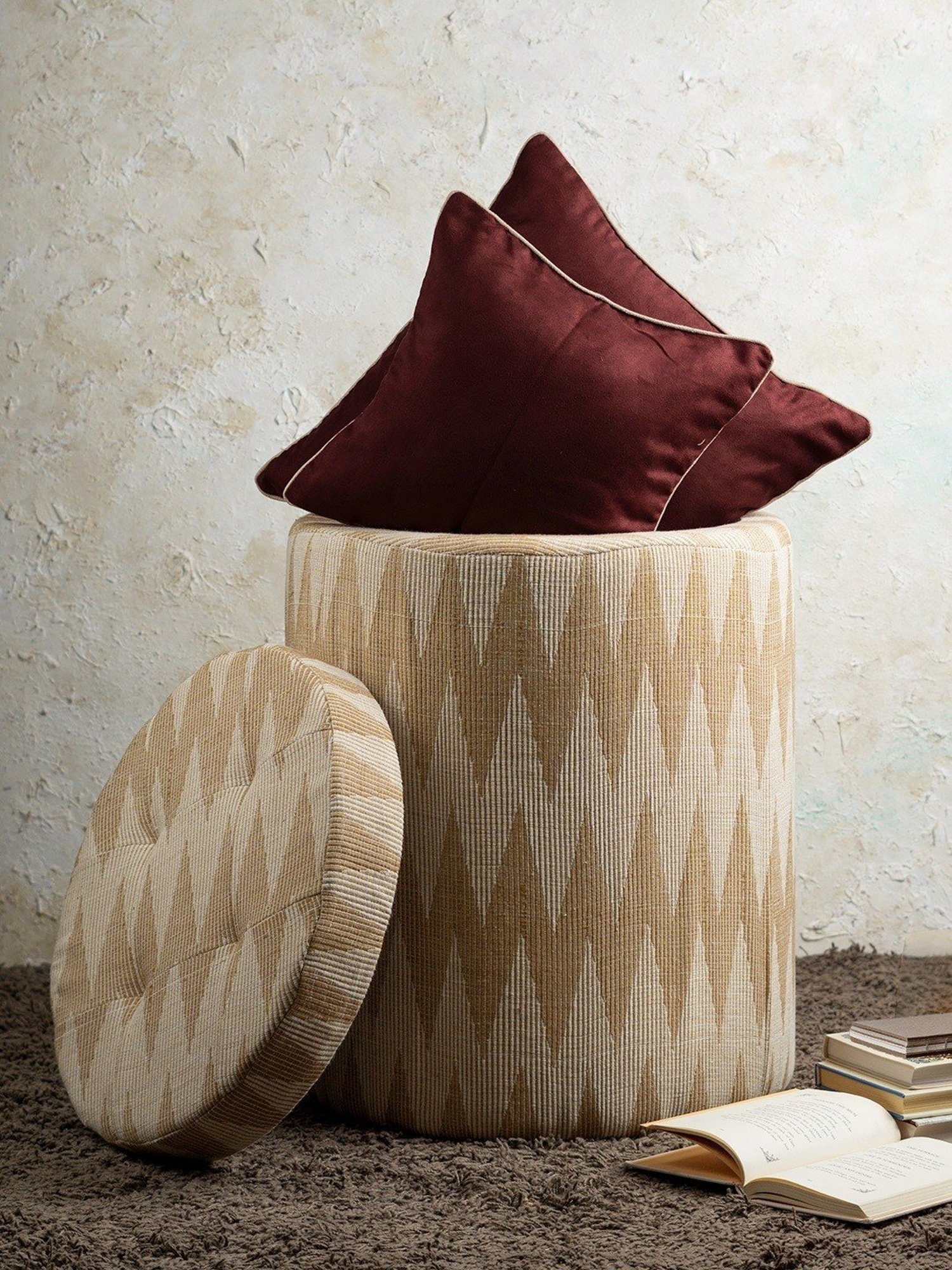 Nestroots Woven Yellow Cotton Canvas Storage Ottoman for Living Room