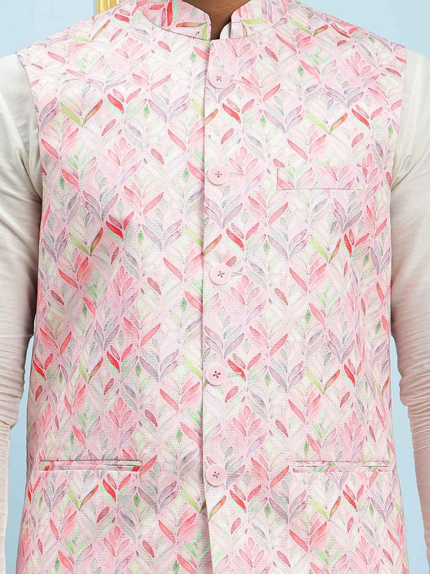 See Designs Pink Slim Fit Printed Nehru Jacket