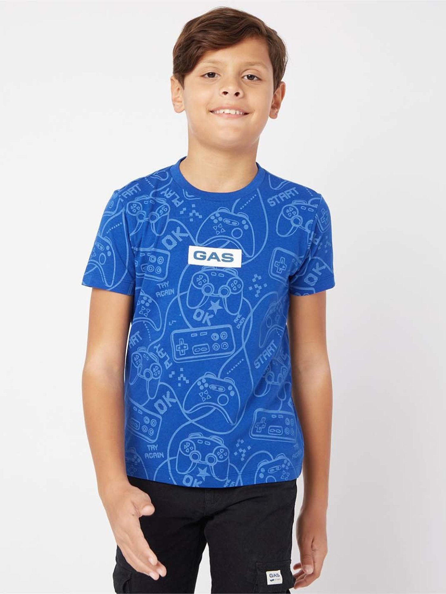 Gas Kids Blue Cotton Printed T-Shirt
