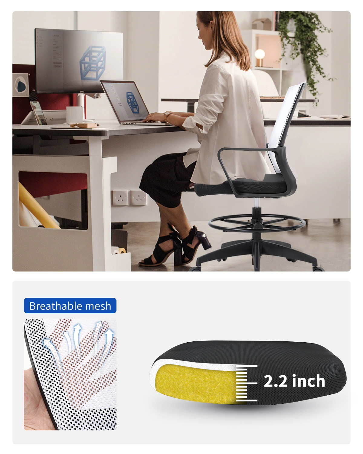 Drafting Chair Tall Office Chair Computer Chair Adjustable Height with Lumbar Support Arms Footrest Task Desk Chair Swivel Rolling Mesh Drafting Stool for Adults Women Girls(White)