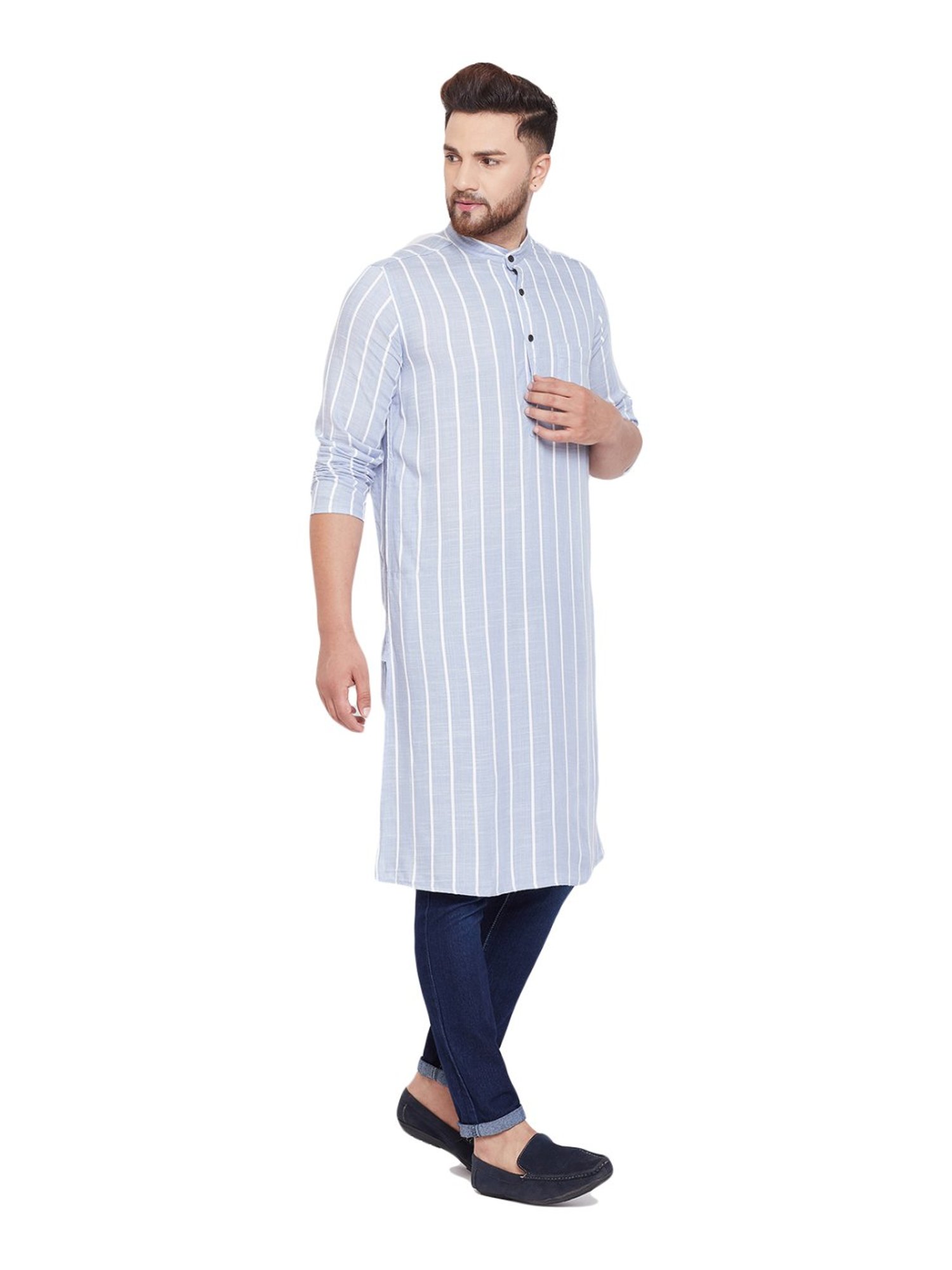Even Blue Cotton Regular Fit Striped Kurta