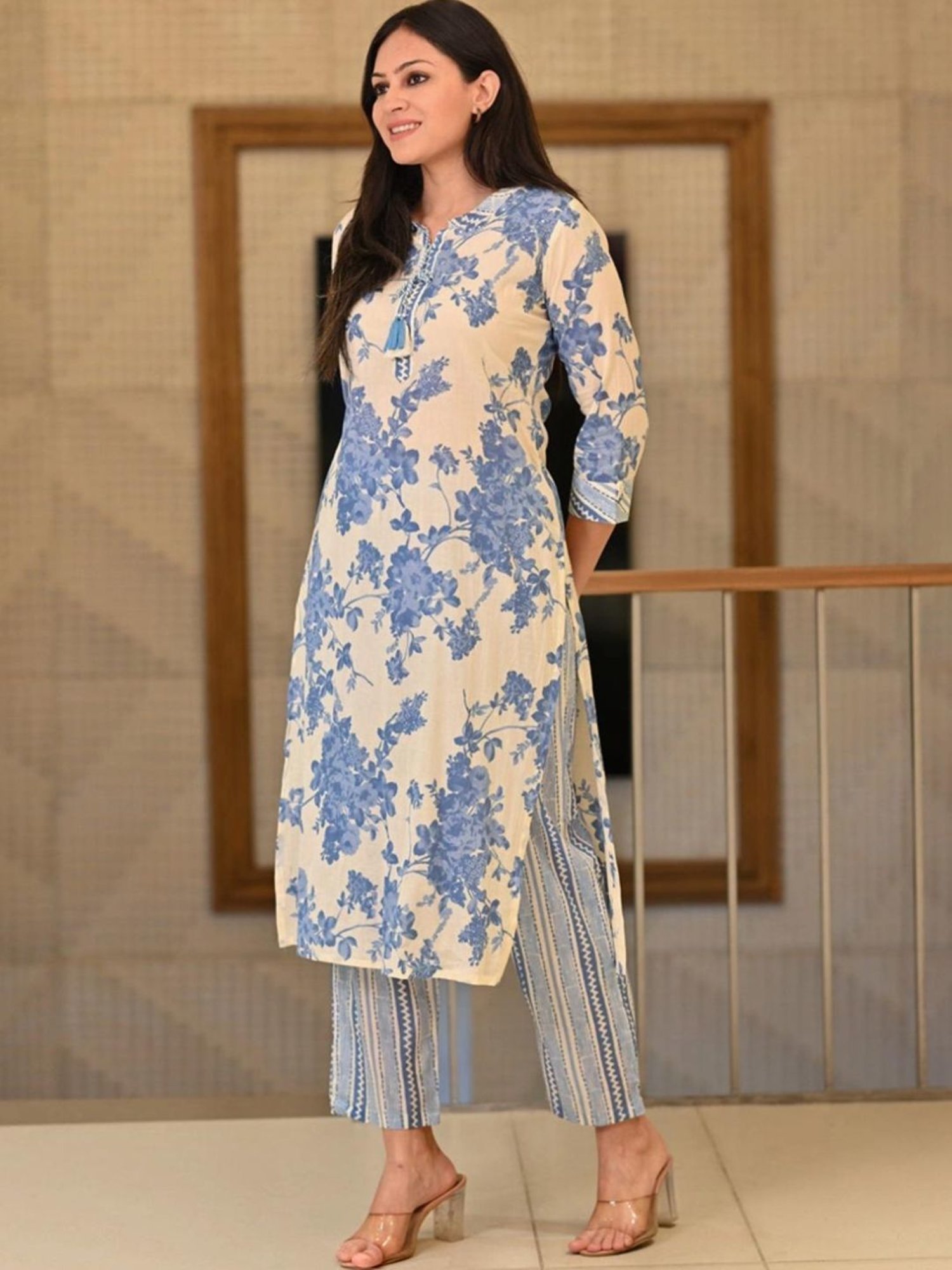 Mahee Jaipur White Base Flamingo Blue  Floral Print Super Soft Cotton Kurta and Pant