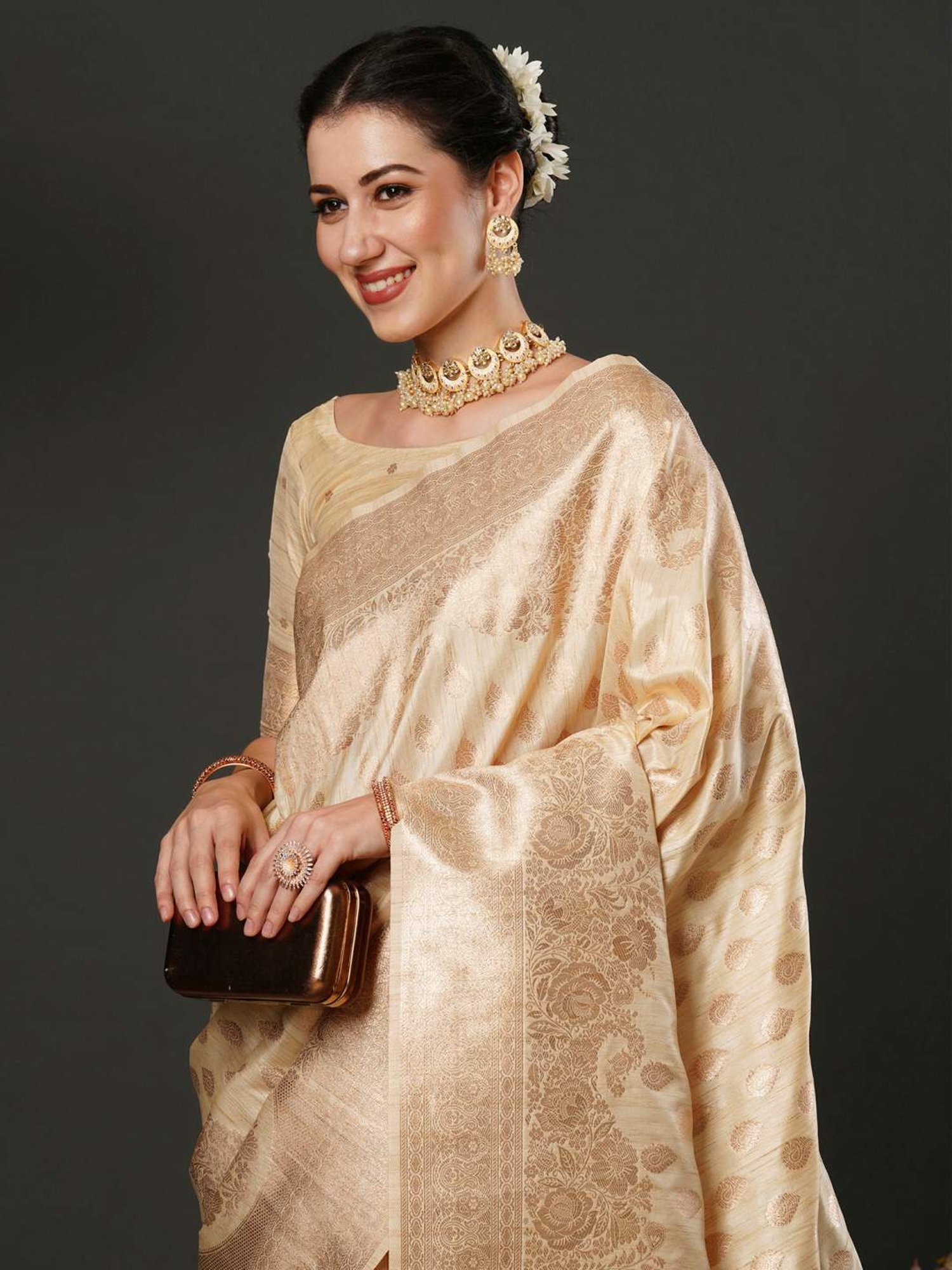 Saree Mall Beige Woven Saree With Unstitched Blouse