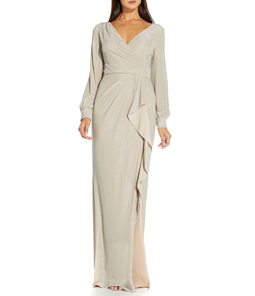 Adrianna Papell Metallic Knit Faux Wrap Surplice V-Neck Long Sleeve Ruffle Gown