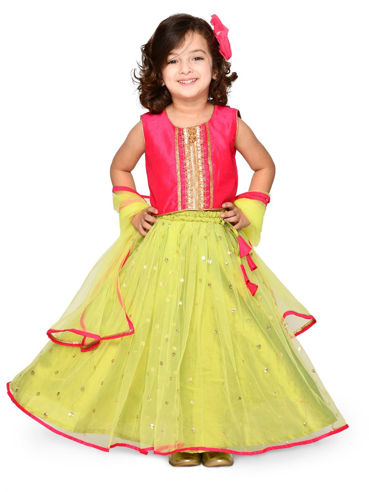 Saka Designs Kids Magenta & Neon Green Embellished Lehenga with Choli & Dupatta