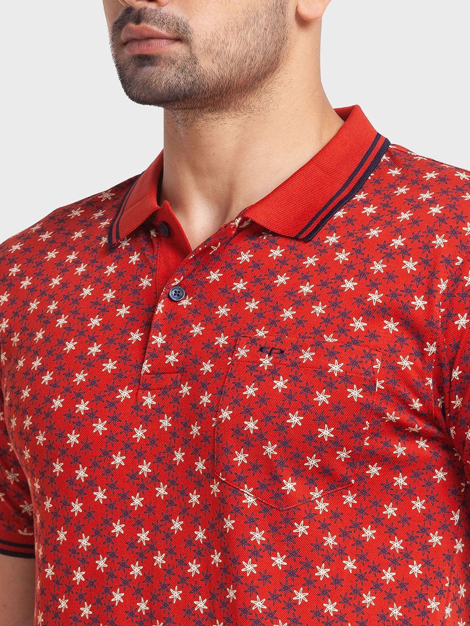 ColorPlus Orange Cotton Tailored Fit Printed Polo T-Shirt