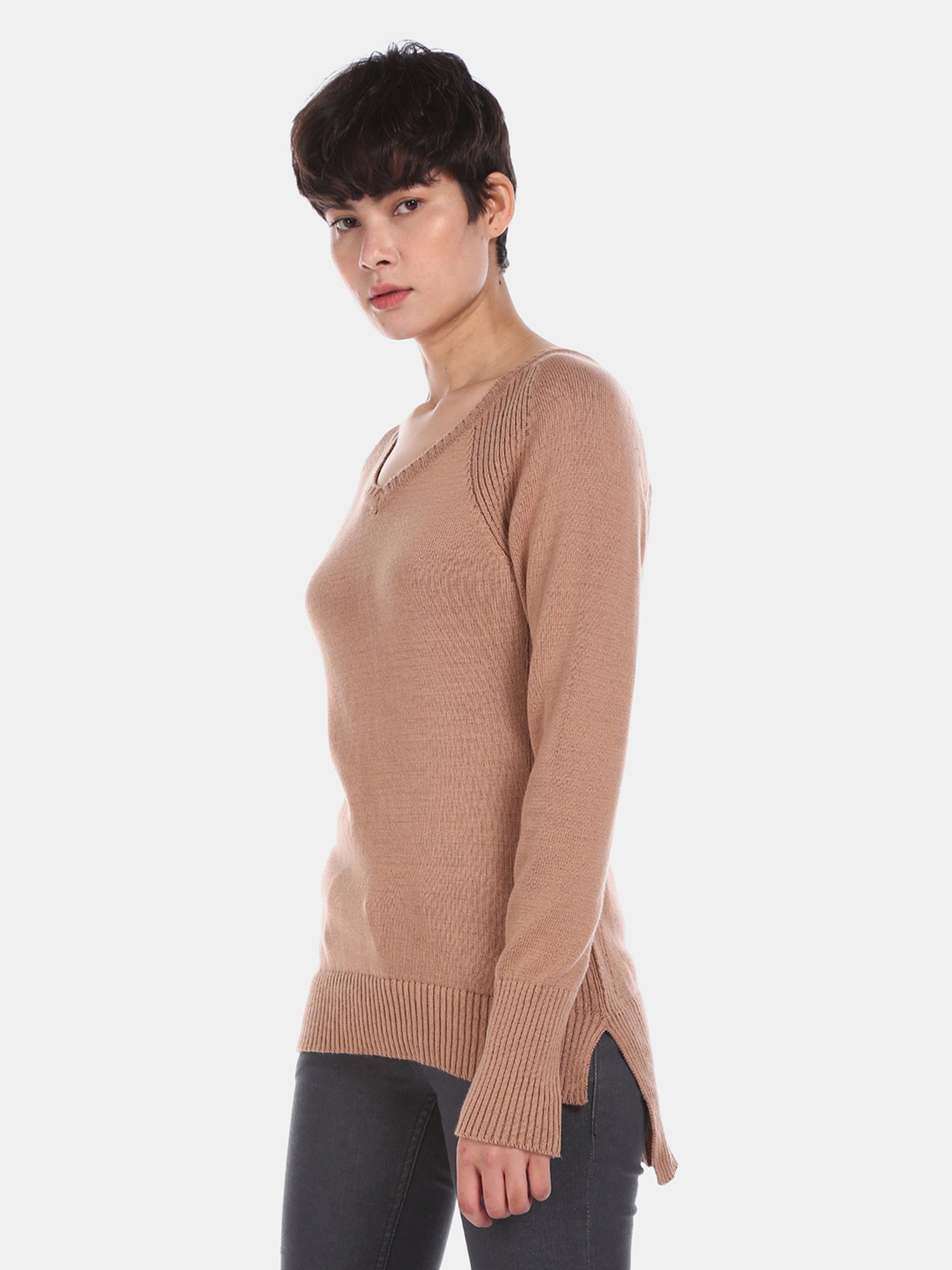 U.S. Polo Assn. Brown Self Design V Neck Sweater