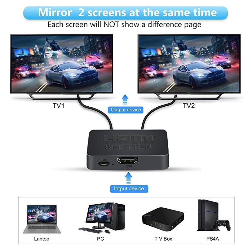 HDMI Splitter 4K@60Hz,  HDMI Splitter 1 in 2 Out, HDMI2.0b Splitter for Dual Monitors Only Duplicate/Mirror Screens, Support HDCP2.2, RGB 4:4:4, 18.5Gbps, Auto Scaling, Full HD 1080P 3D