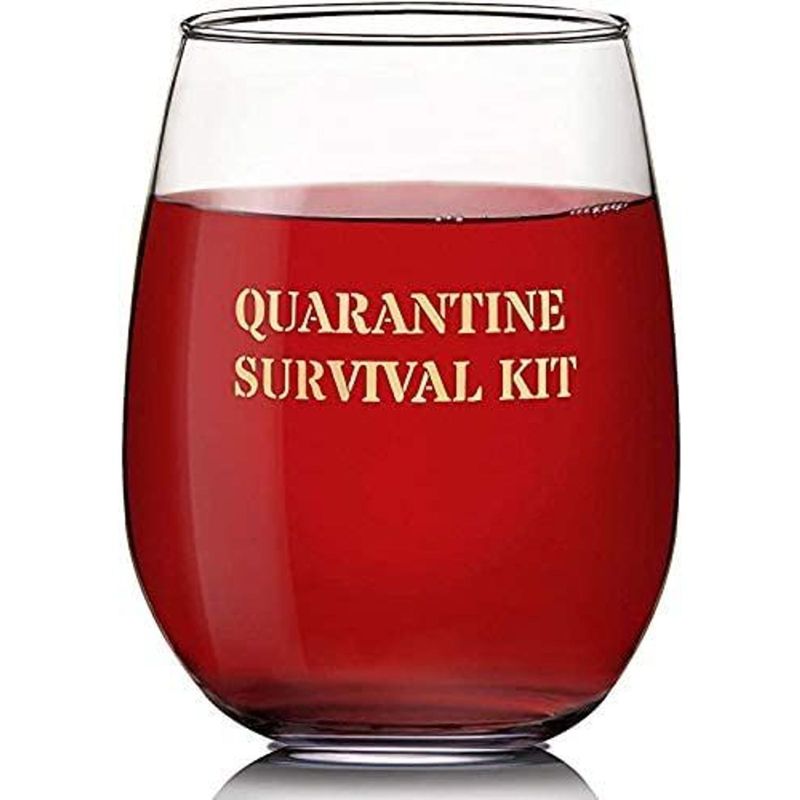 Okuna Outpost Stemless Clear Wine Glasses Cup, Quarantine Survival Kit Novelty Gift (16 Ounces)