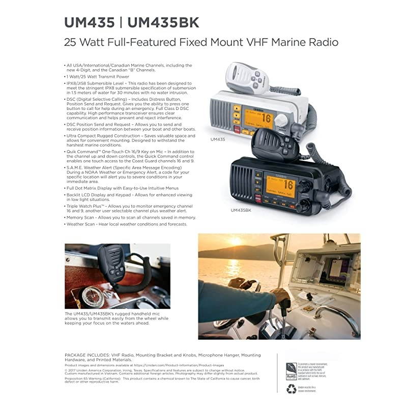 UM435 Advanced Fixed Mount VHF Marine Radio, All USA/International/Canadian Marine Channels Including New 4-Digit, CDN &ldquo;B&rdquo; Channels, 1 Watt/25 Watt Power, Waterproof IPX8 Submersible, White