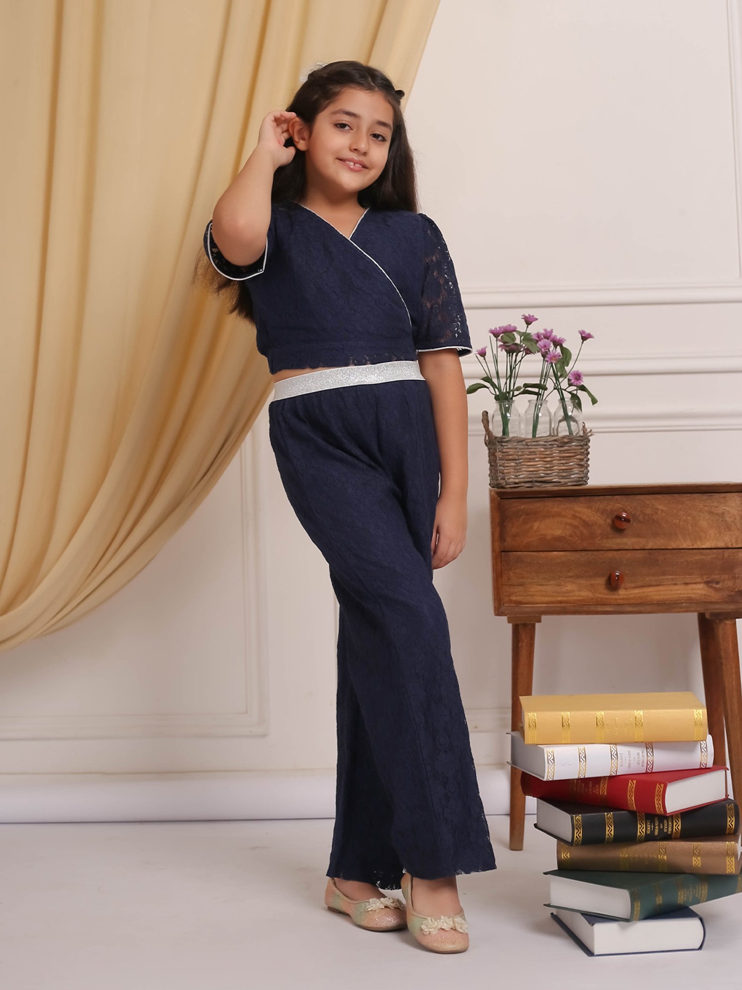 Budding Bees Girls Navy Self Design Top with Pants