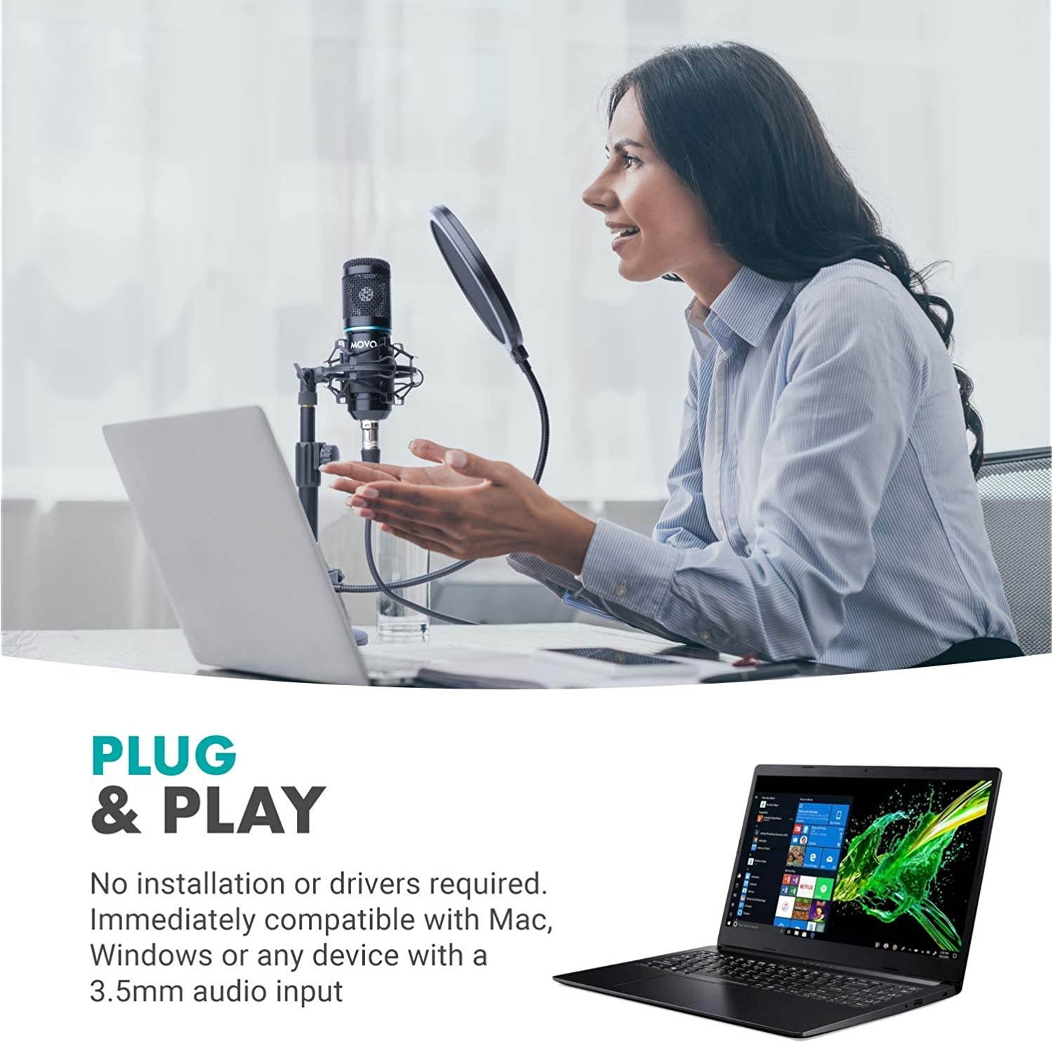 Movo Smartphone Podcast Recording Microphone Kit - 2 Pack Condenser Microphones, 2 Desktop Mic Stands, 2 Pop Filters, 2-Channel XLR Interface with Lightning Output - Compatible with iPhone, iPad, iOS