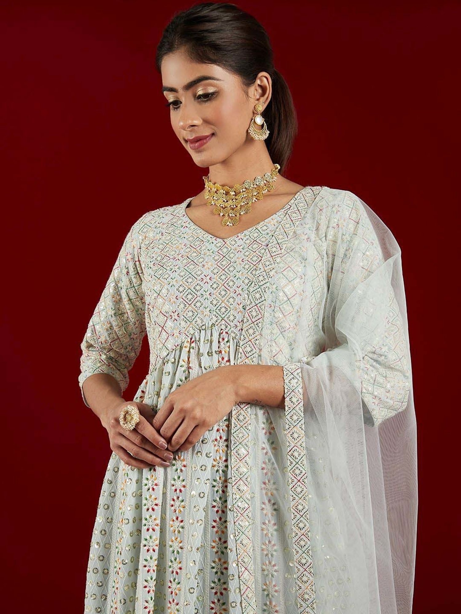 Libas Art Blue Embroidered Kurta Palazzo Set With Dupatta