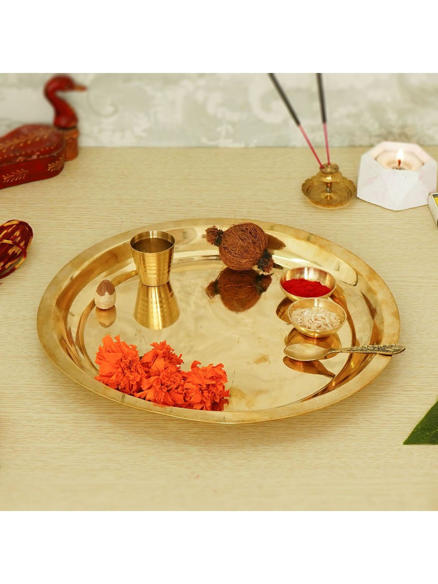 eCraftIndia 10.5 Inch Brass Pooja Thali with 2 Katori/Bowls, 1 Spoon and 1 Glass