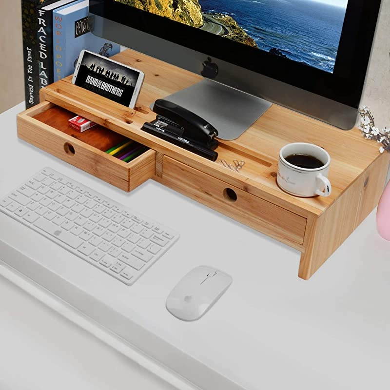 Monitor Stand Desk Organizer &ndash; Assembled Green Wood Screen Laptop Printer Riser with Drawers 22.05L 10.60W 4.70H Inch