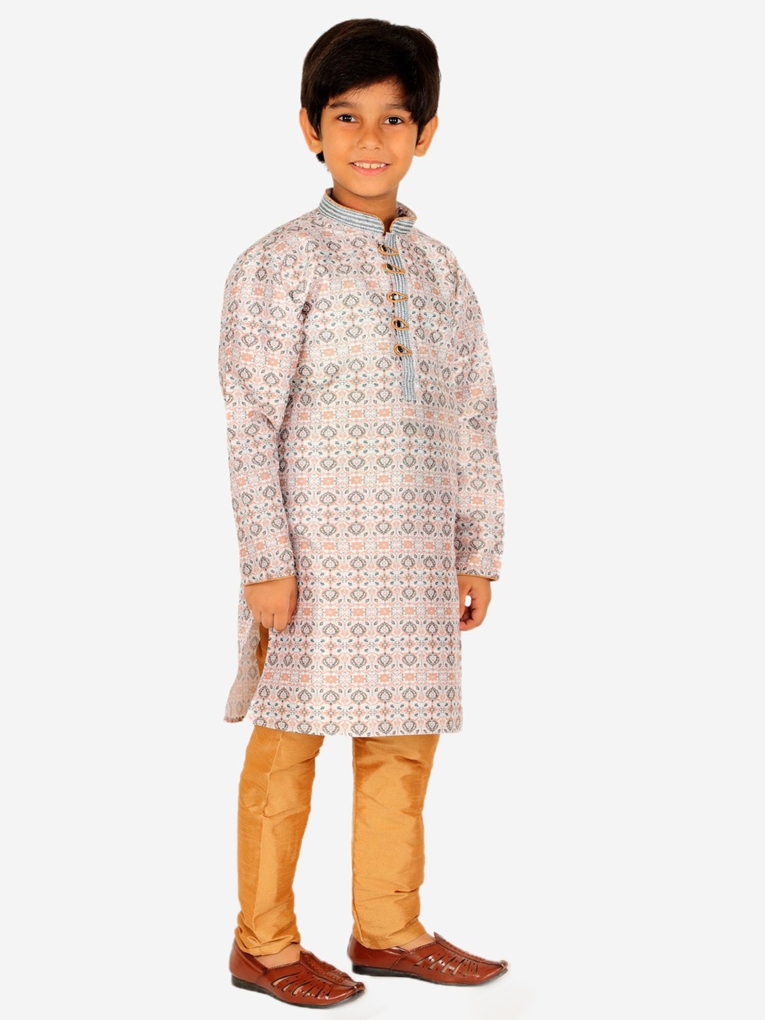 Pro-Ethic Style Developer Kids White & Beige Floral Print Full Sleeves Kurta with Pyjamas