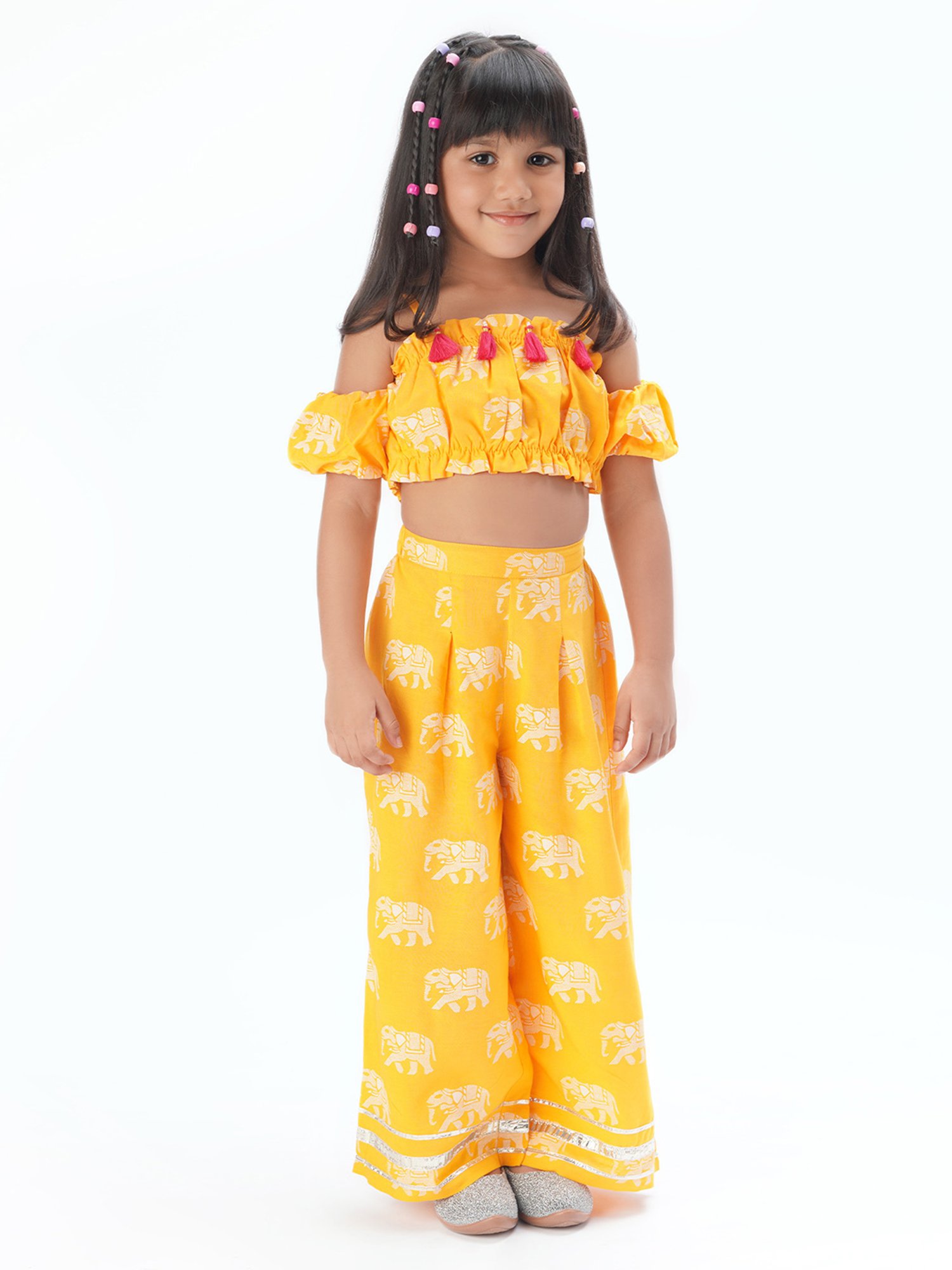Lil Drama Kids Yellow Printed Crop Top with Pants