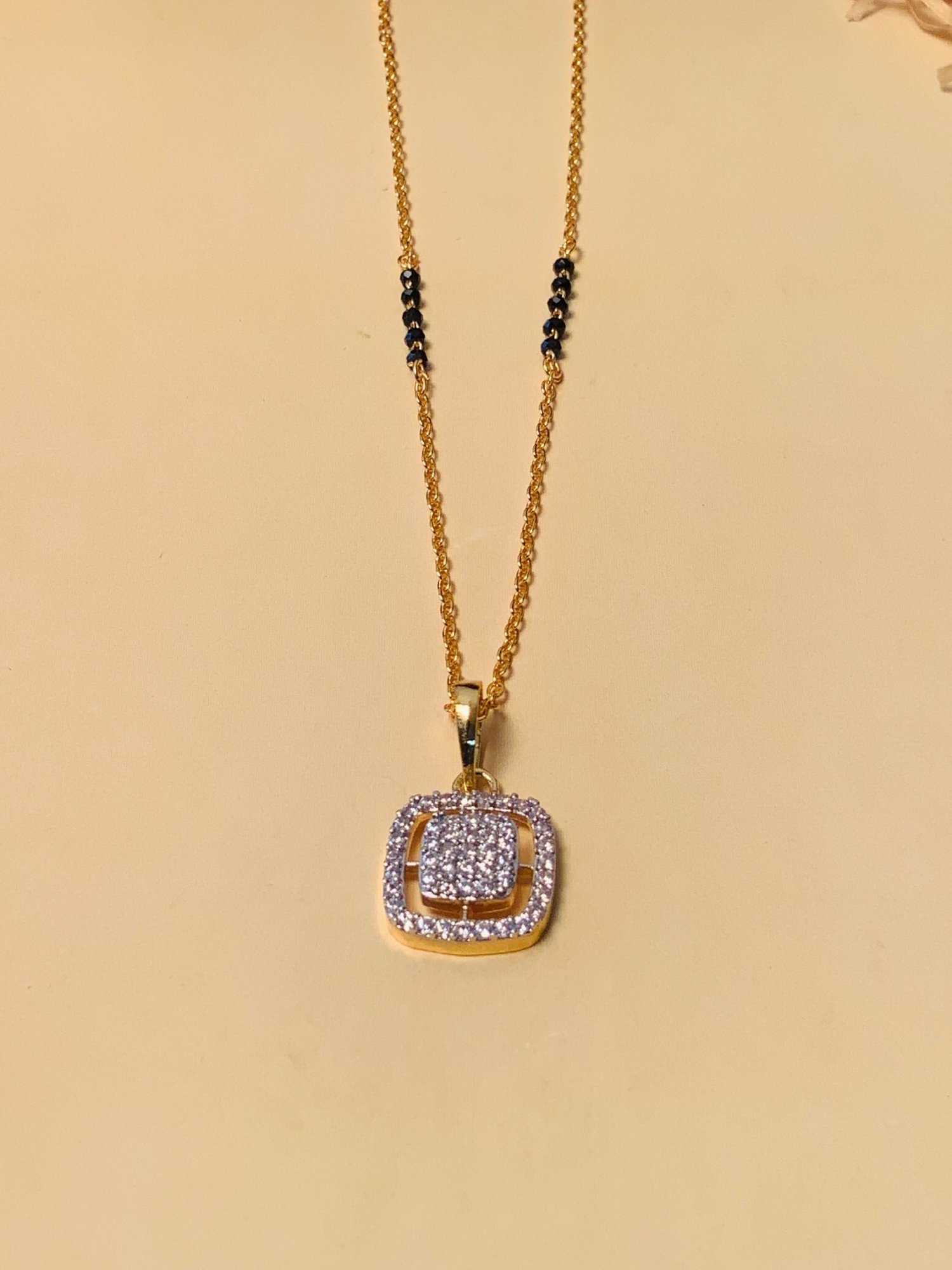 Abdesigns Gold-Plated American Diamond & Black Beaded Mangalsutra