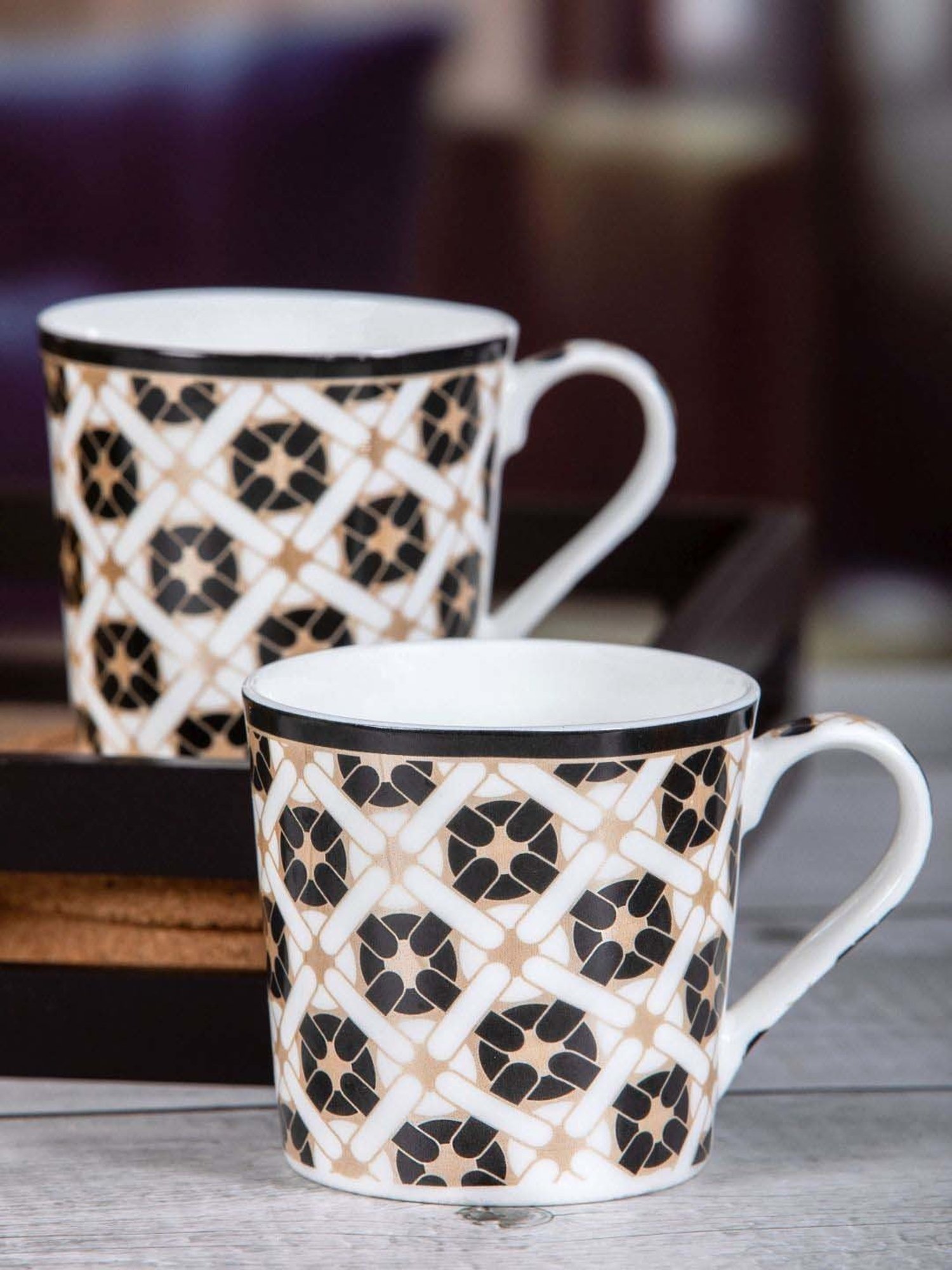 SONAKI White & Black Bone China Coffee Mug (0.2 L) - Set of 6