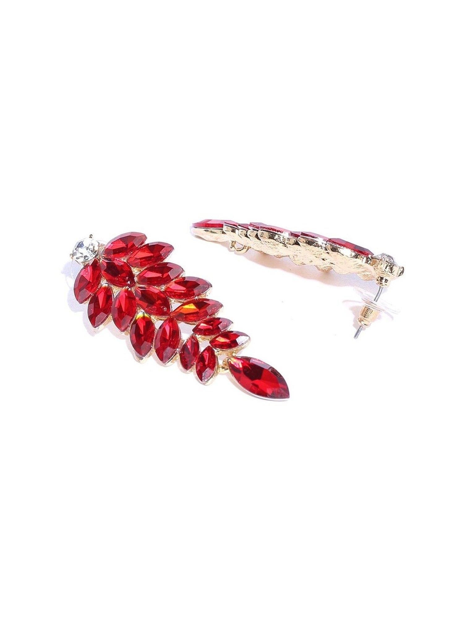 YouBella Red Gold-Plated Leaf-Shaped Stone-Studded Drop Earrings